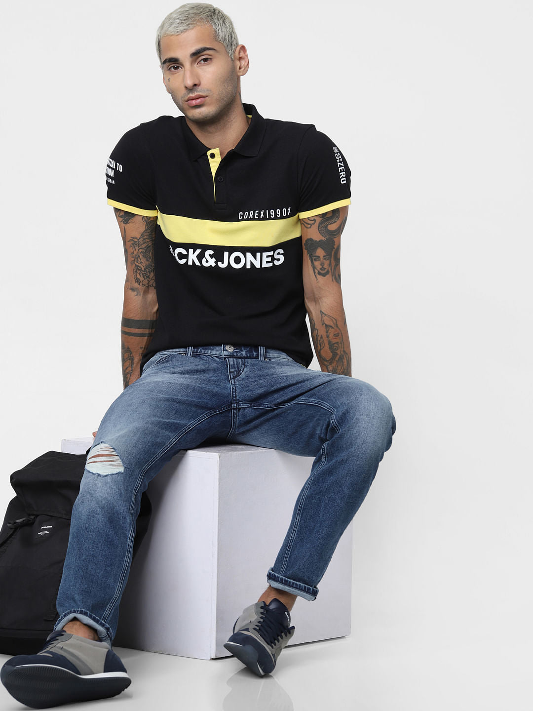 Black Logo Print Polo Neck T-shirt - S
