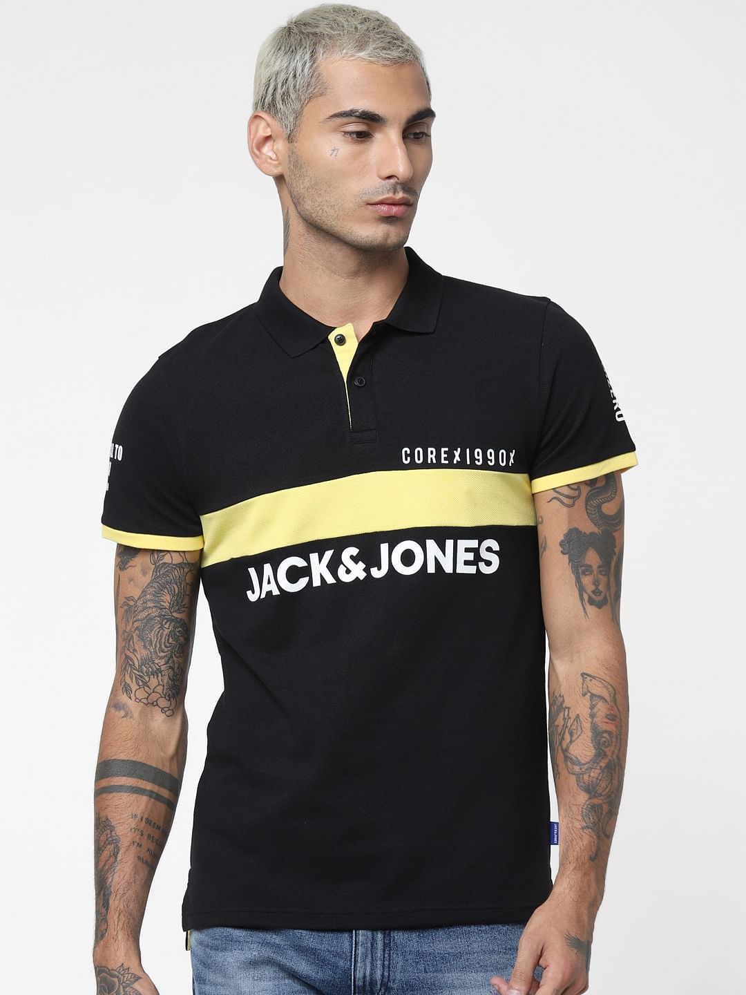 Black Logo Print Polo Neck T-shirt