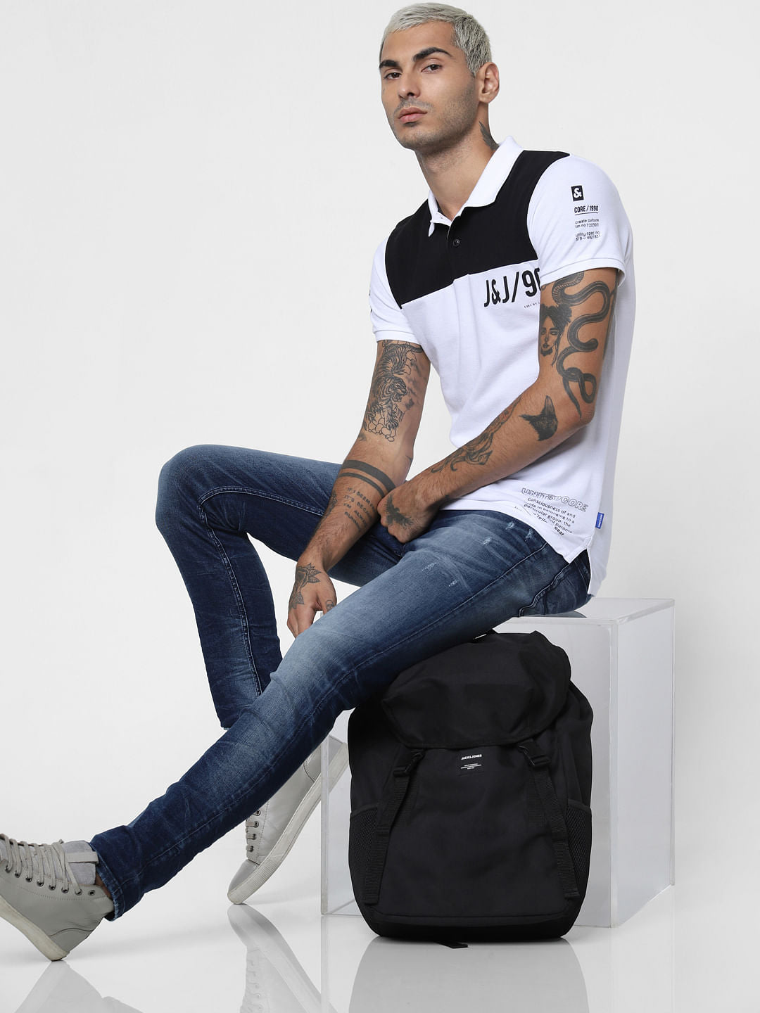 White Logo Print Polo Neck T-shirt - S
