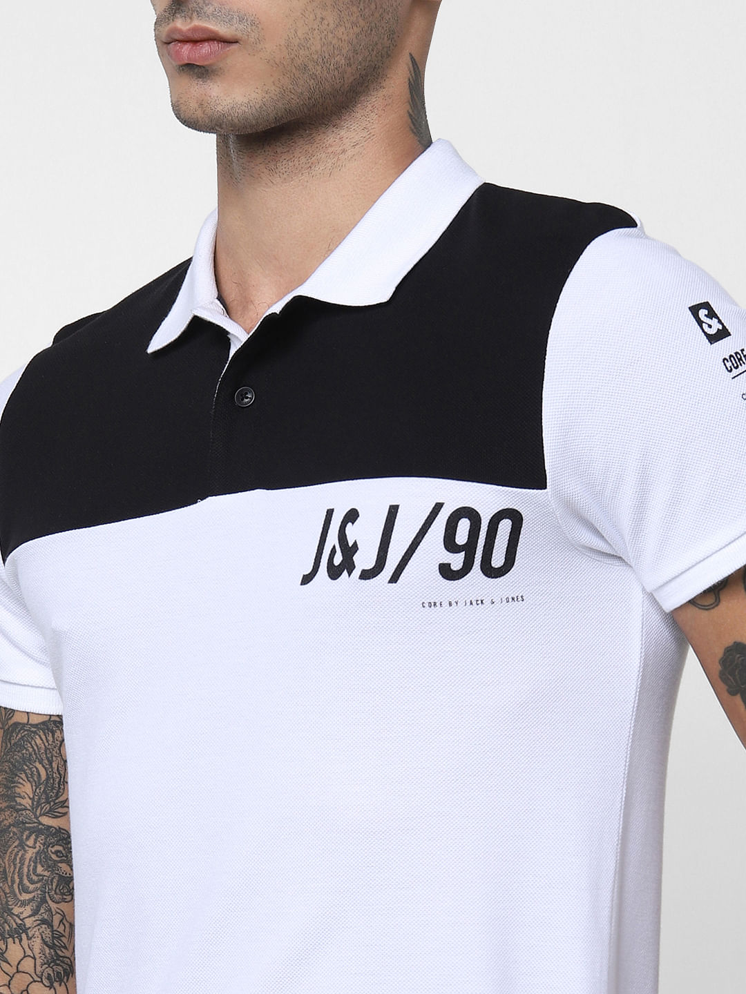 White Logo Print Polo Neck T-shirt