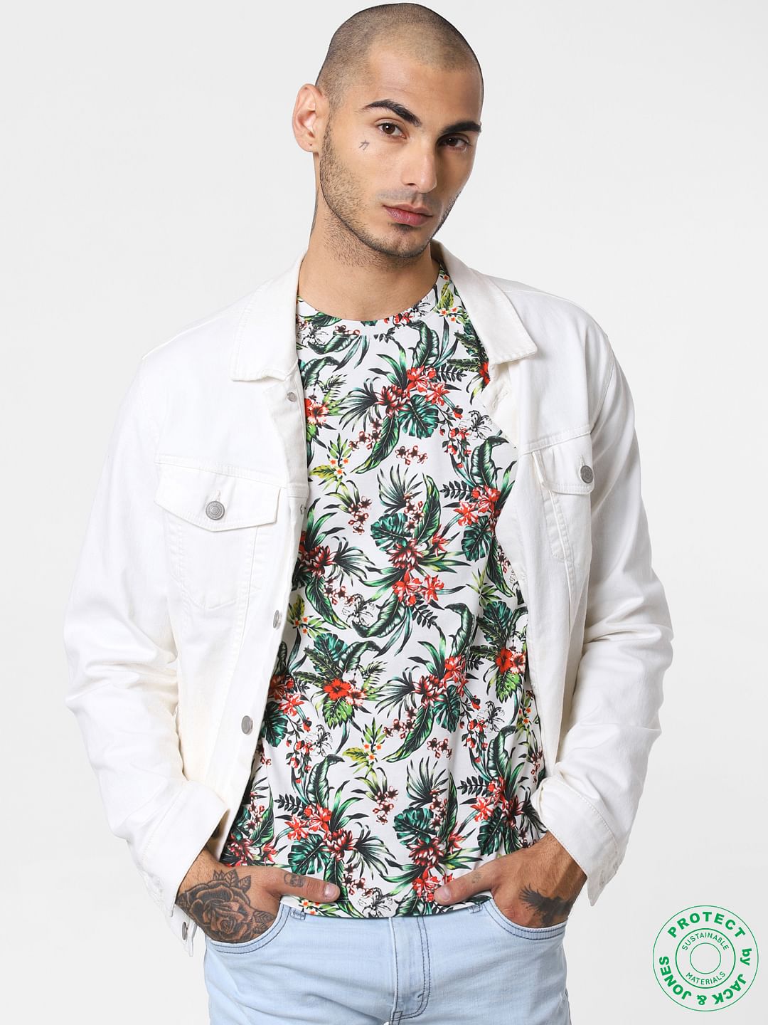 White All Over Print Crew Neck T-shirt
