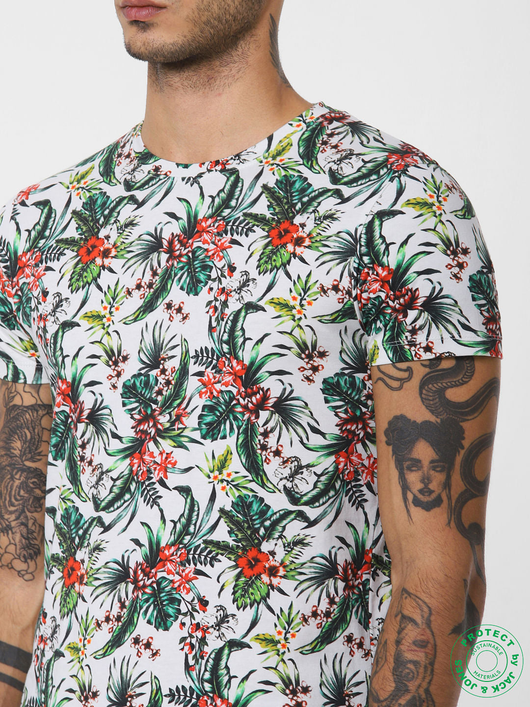 White All Over Print Crew Neck T-shirt
