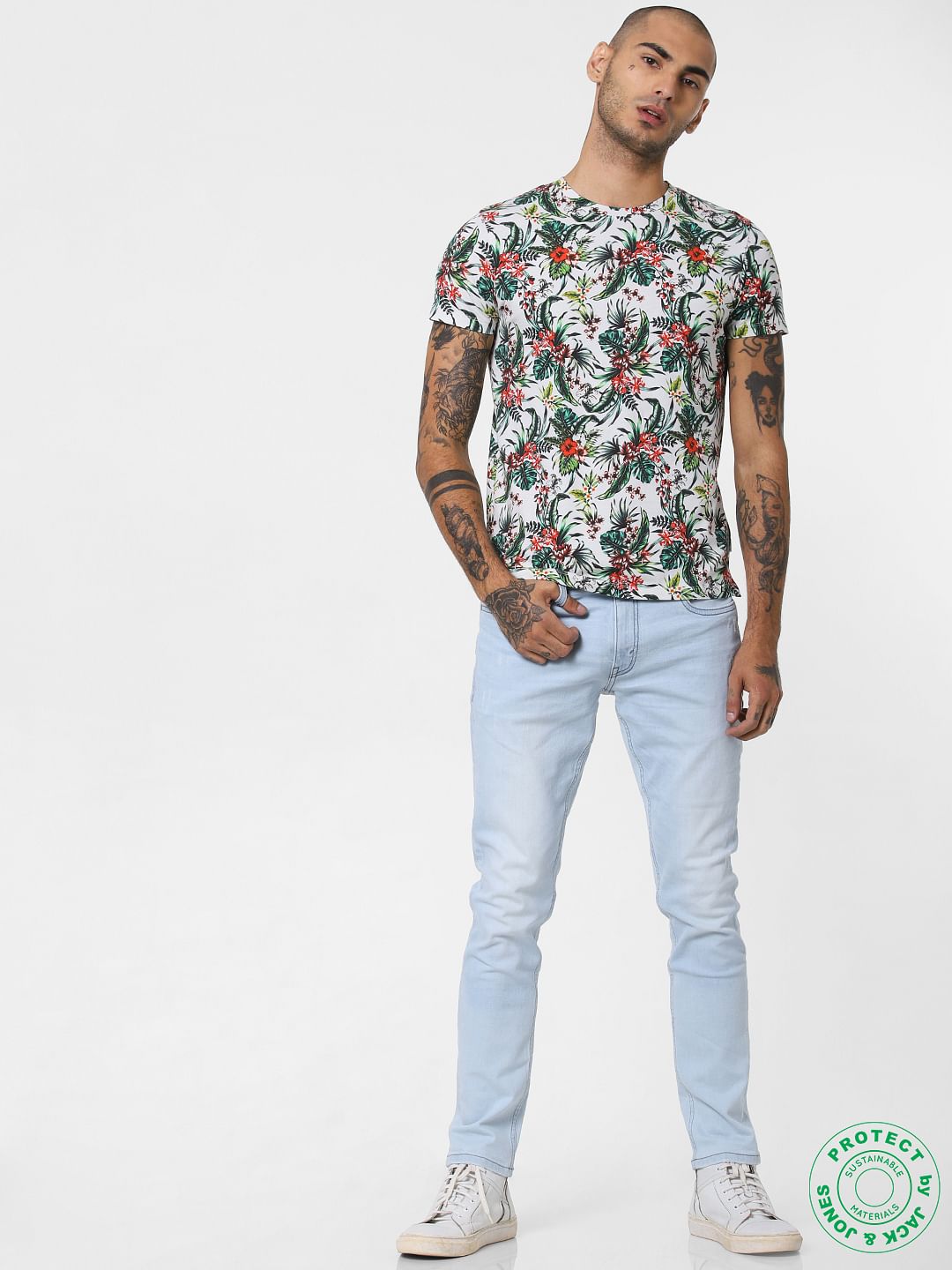 White All Over Print Crew Neck T-shirt
