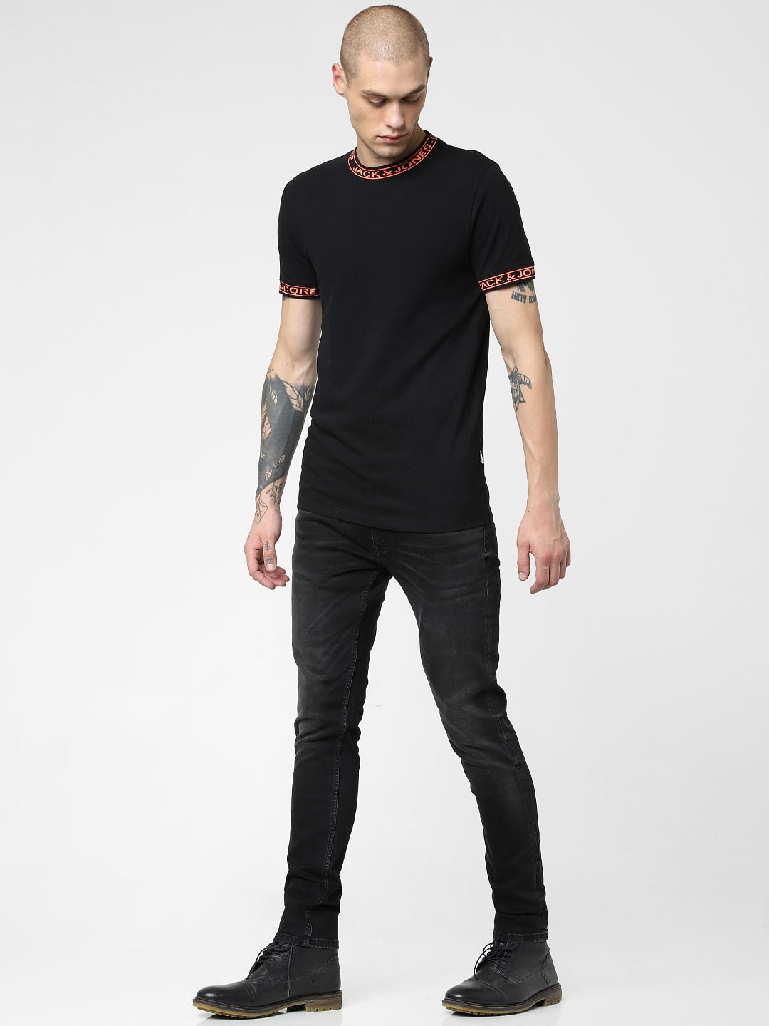 Black Contrast Text Tipping Crew Neck T-shirt