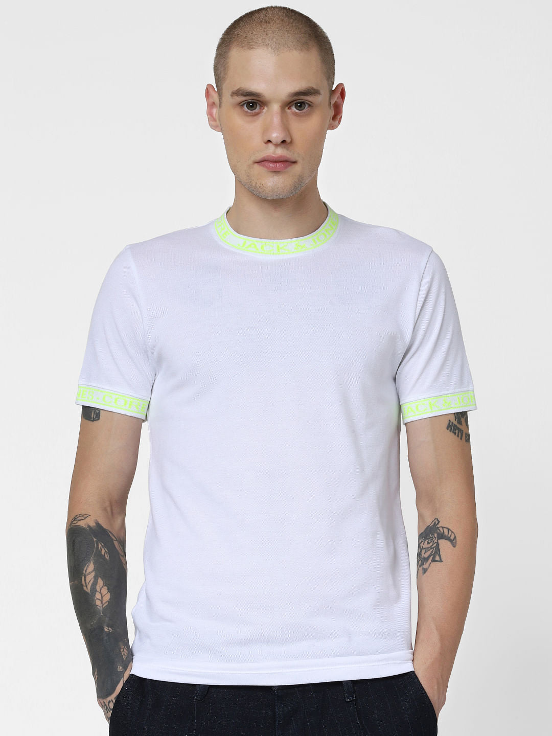 White Contrast Text Tipping Crew Neck T-shirt