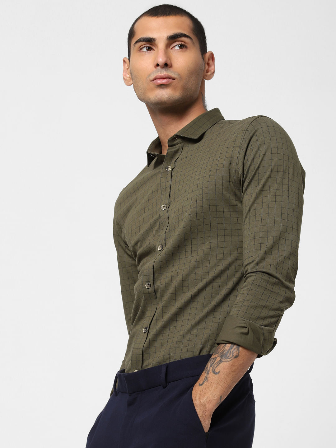 Green Check Full Sleeves Shirt - S