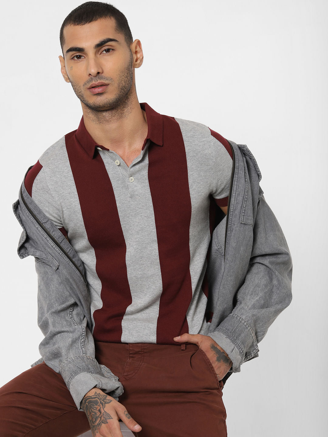 Maroon Striped Polo Neck T-shirt - S