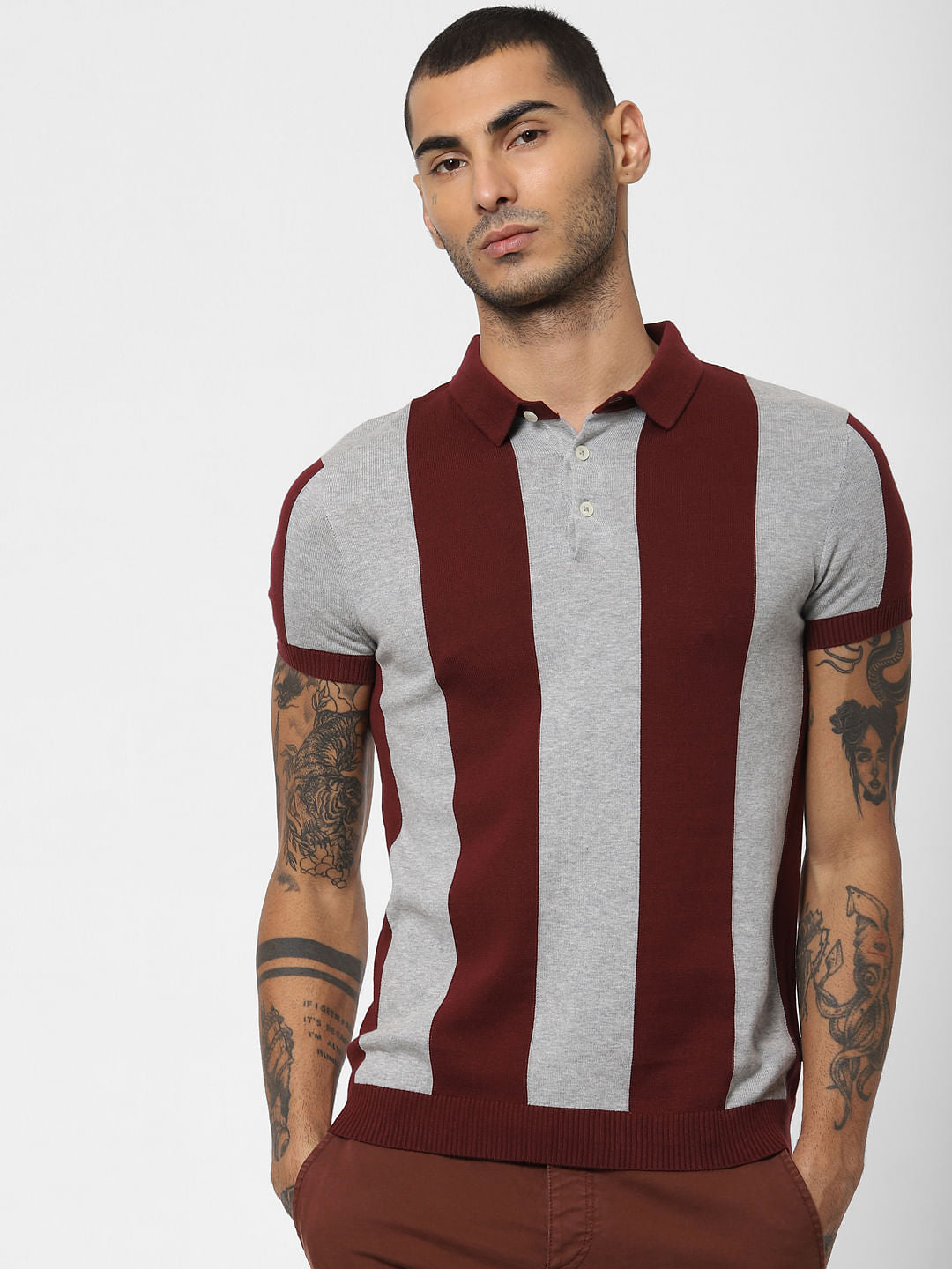 Maroon Striped Polo Neck T-shirt