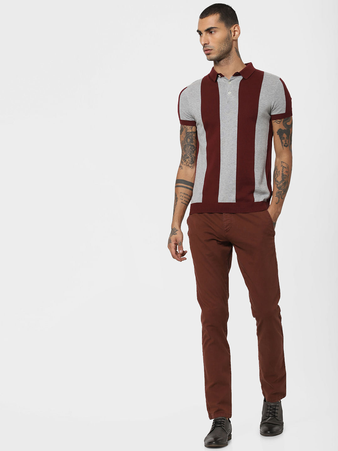Maroon Striped Polo Neck T-shirt