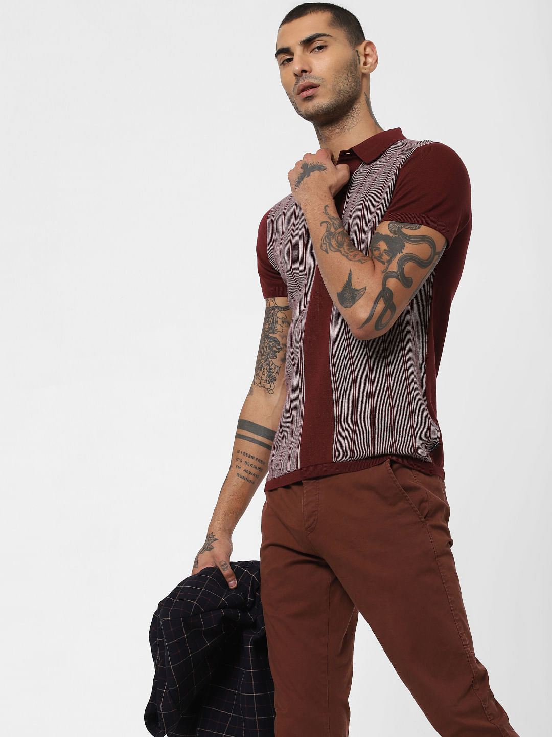Red Striped Polo Neck T-shirt - S