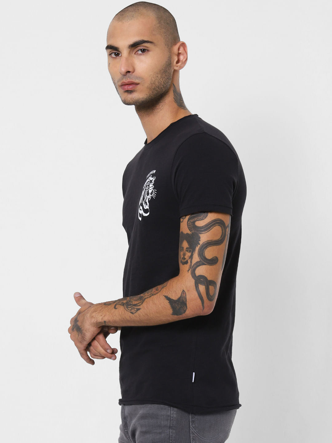 Black Tiger Print Crew Neck T-shirt