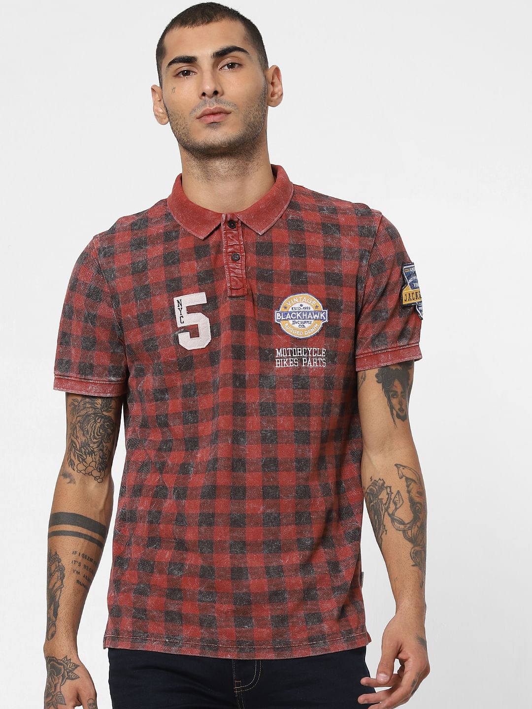 Red Acid Washed Polo Neck T-shirt