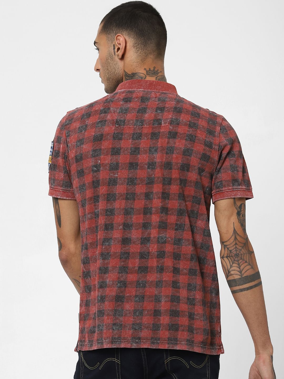 Red Acid Washed Polo Neck T-shirt