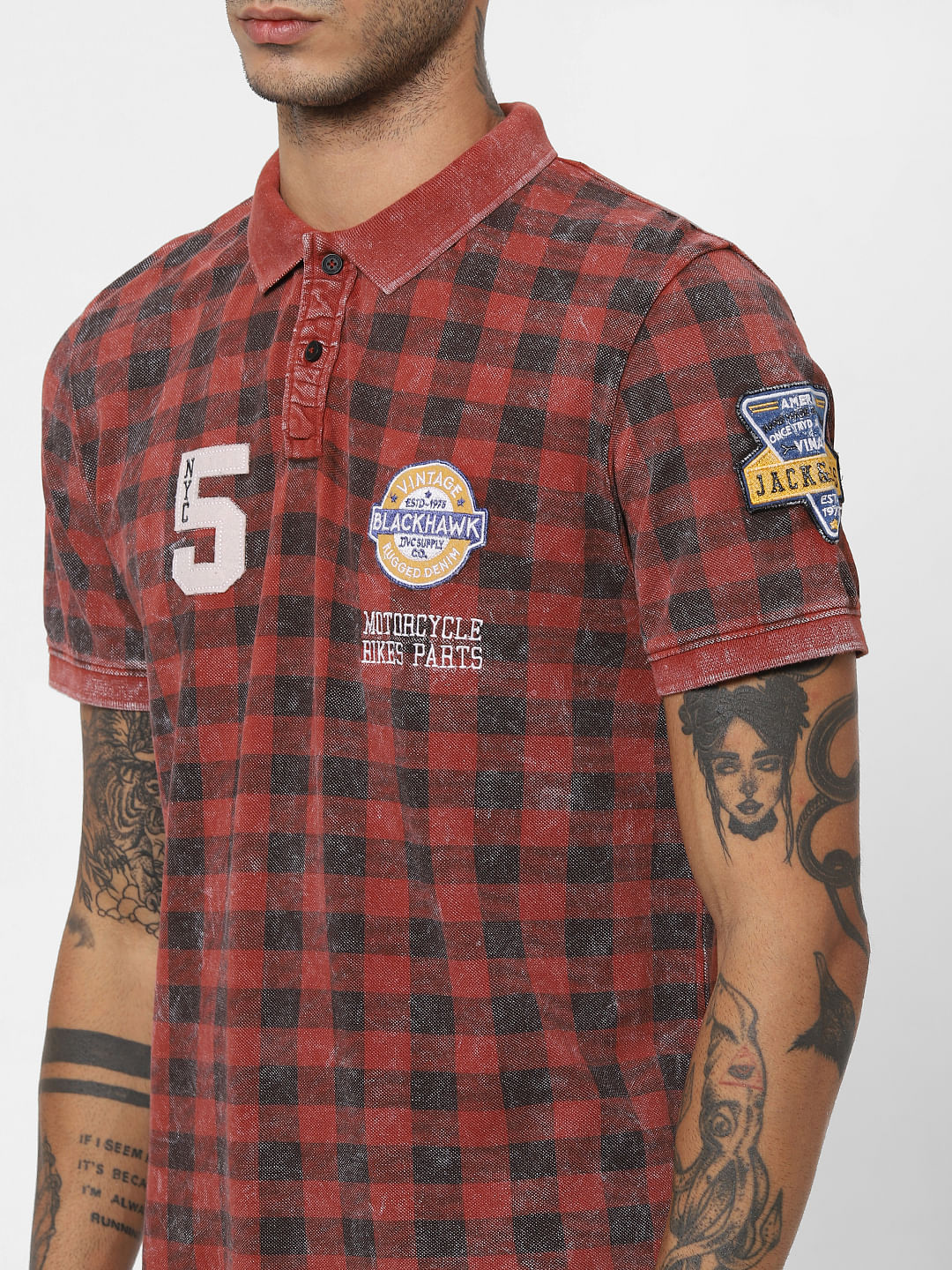 Red Acid Washed Polo Neck T-shirt