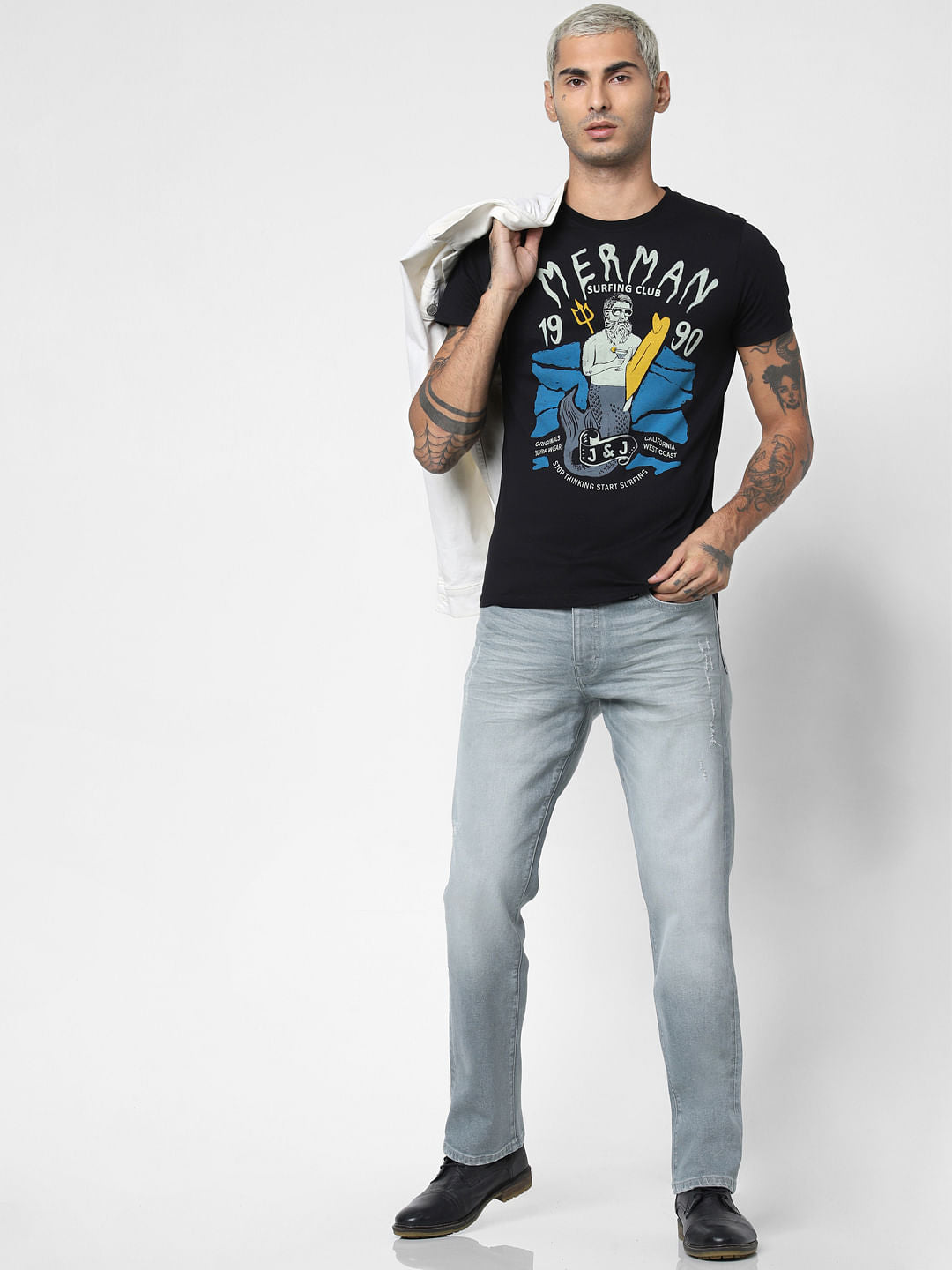 Grey Mid Rise Washed Clark Regular Fit Jeans - 28/30