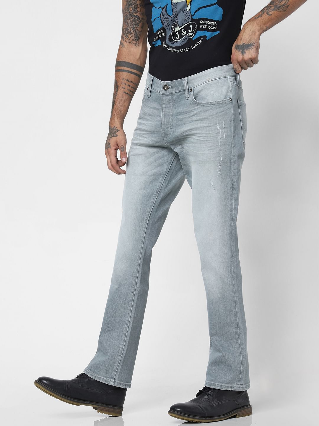 Grey Mid Rise Washed Clark Regular Fit Jeans