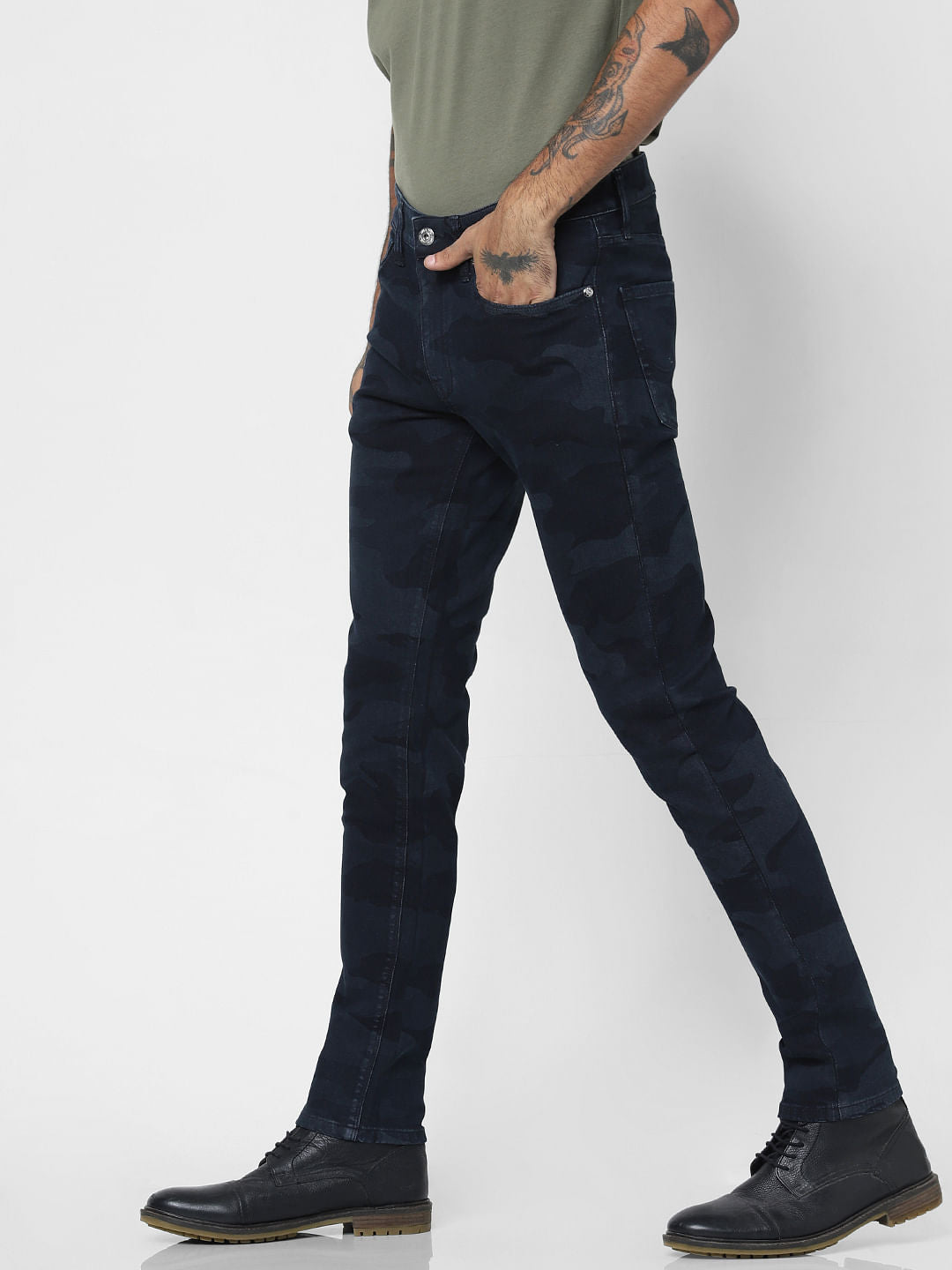 Dark Blue Low Rise Camo Print Slim Fit Jeans