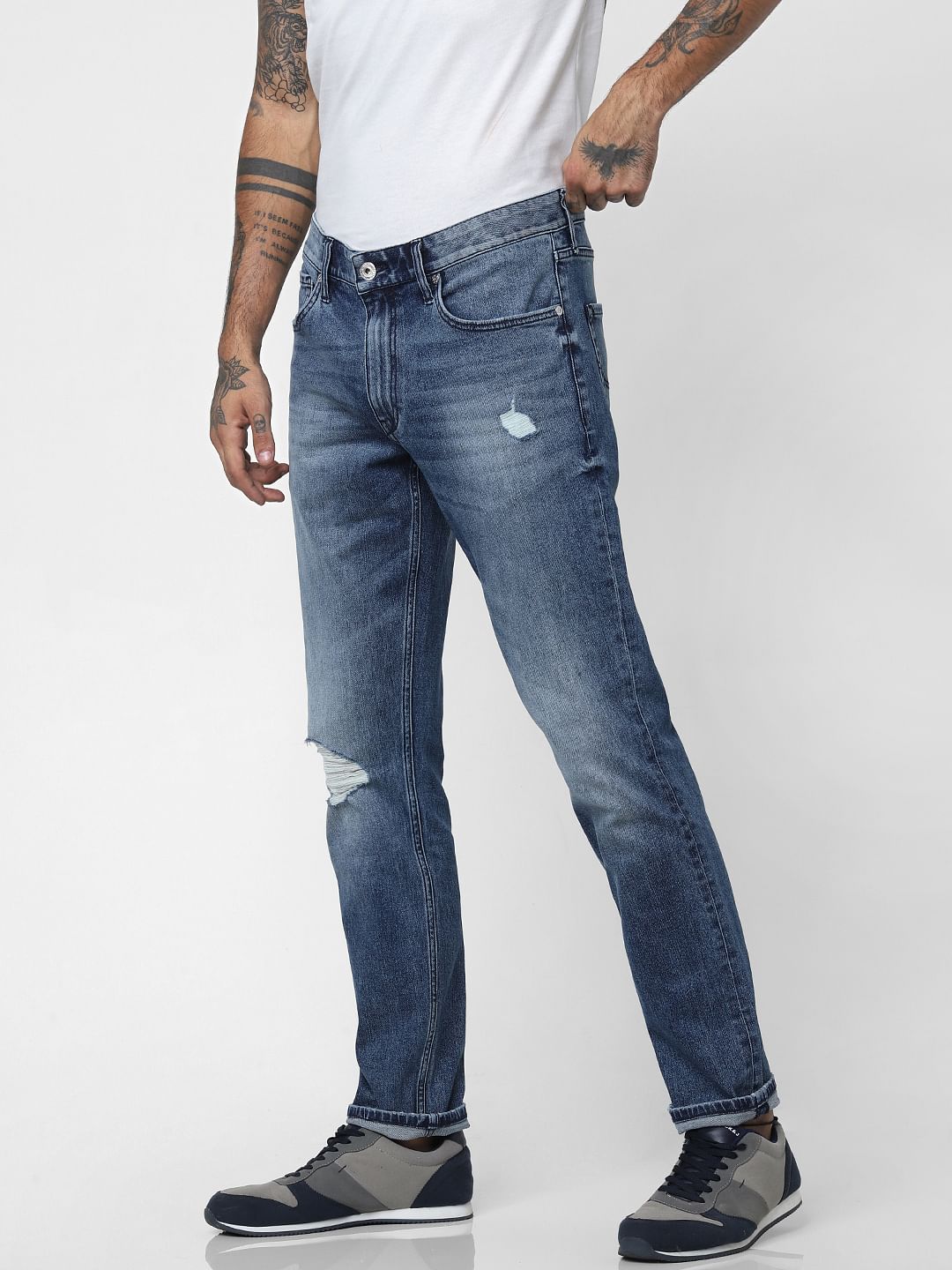 Blue Low Rise Distressed Tim Anti Fit Jeans