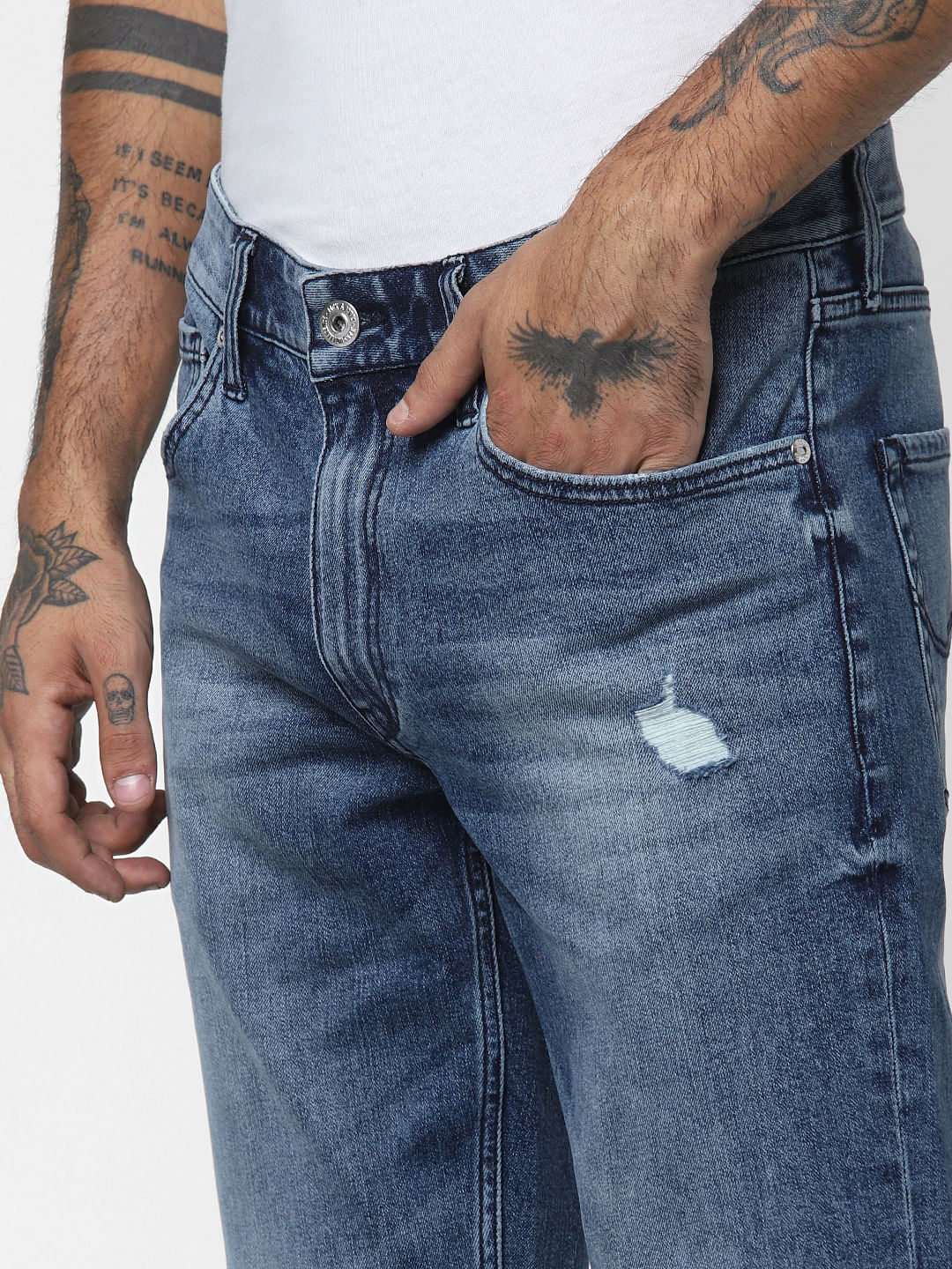 Blue Low Rise Distressed Tim Anti Fit Jeans