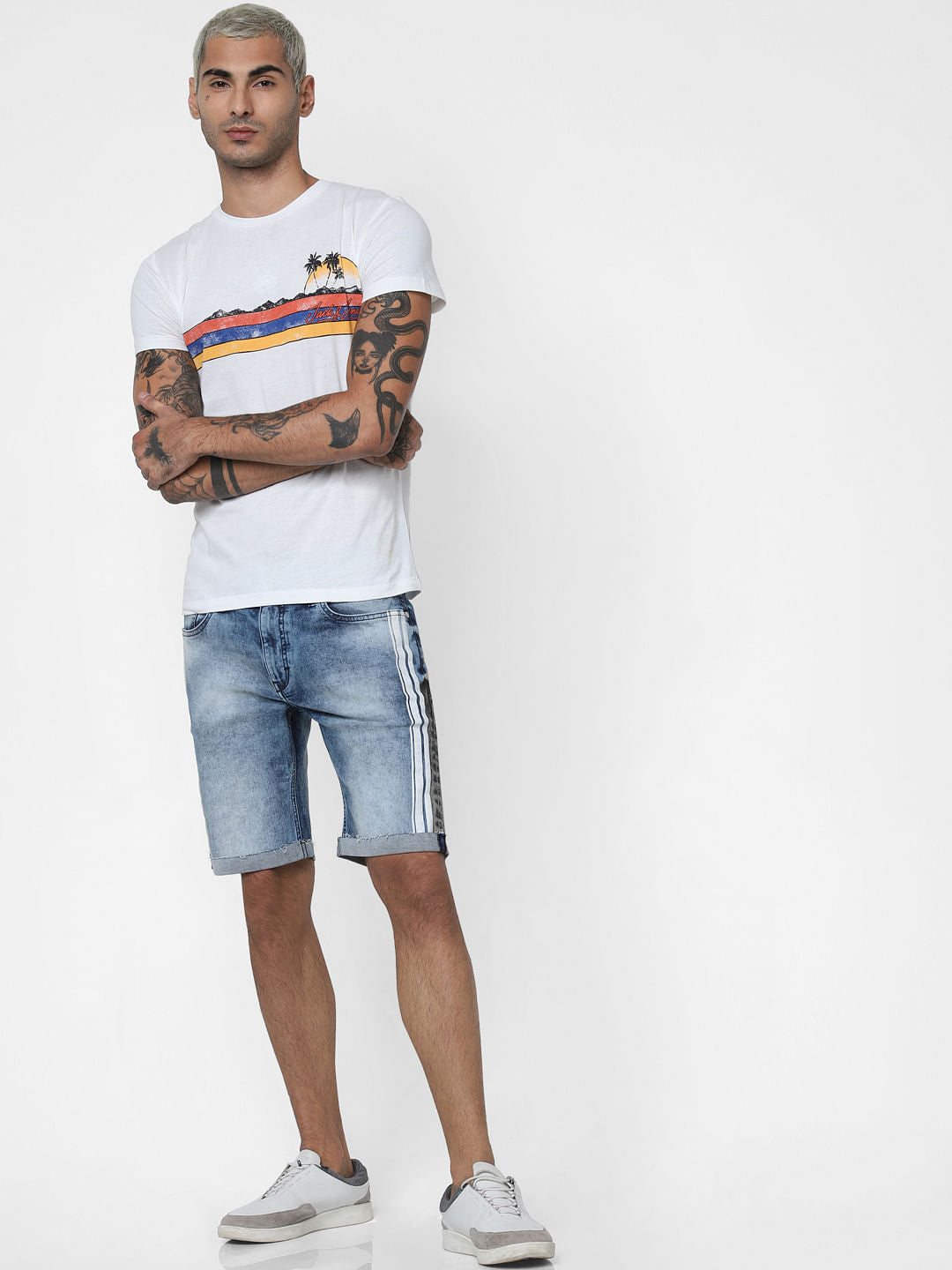 Blue Mid Rise Tape Detail Denim Shorts - S