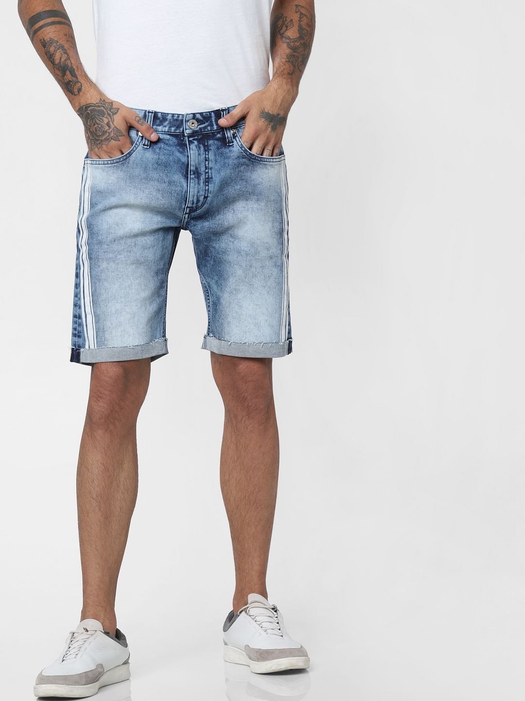 Blue Mid Rise Tape Detail Denim Shorts