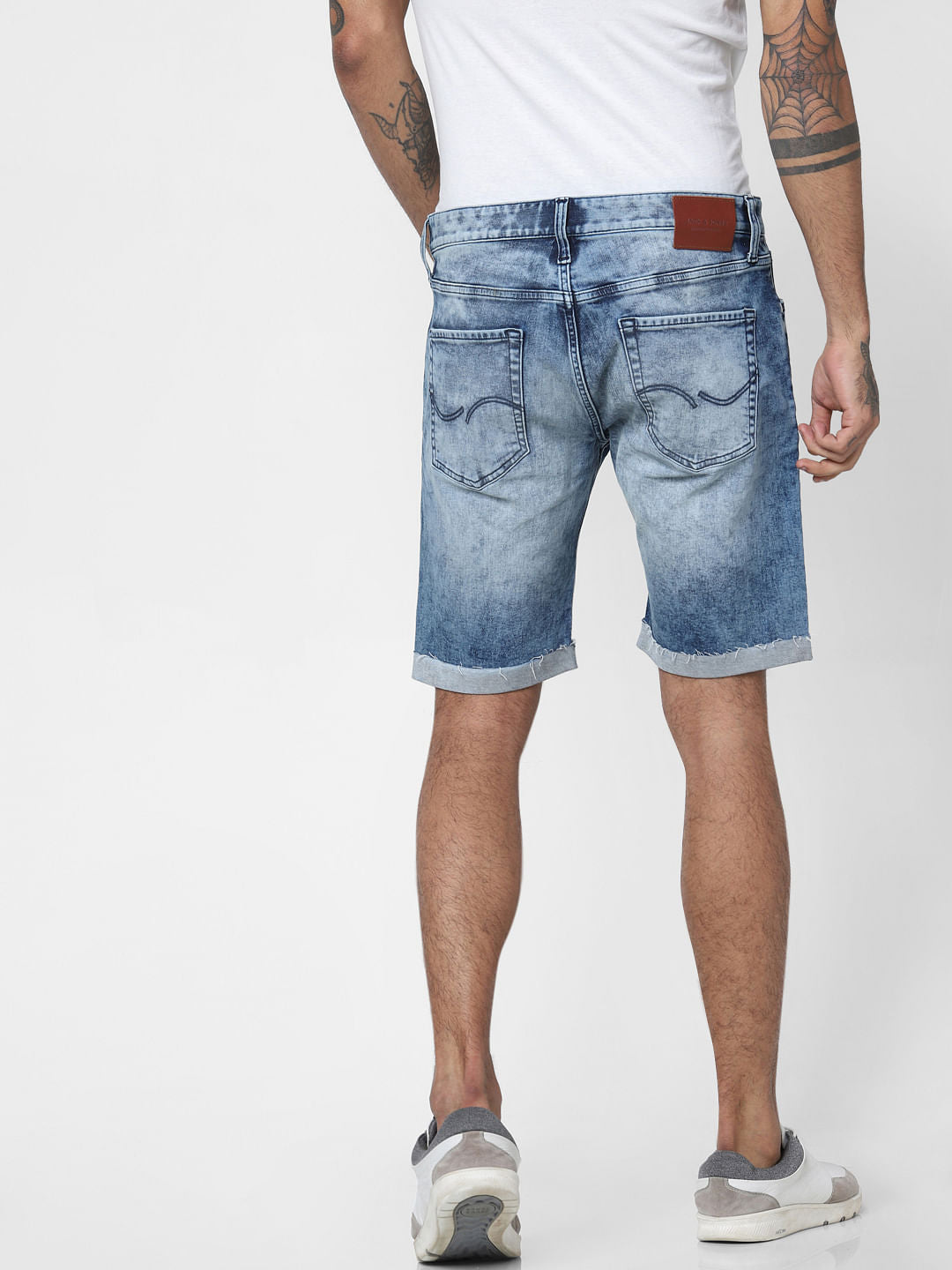 Blue Mid Rise Tape Detail Denim Shorts