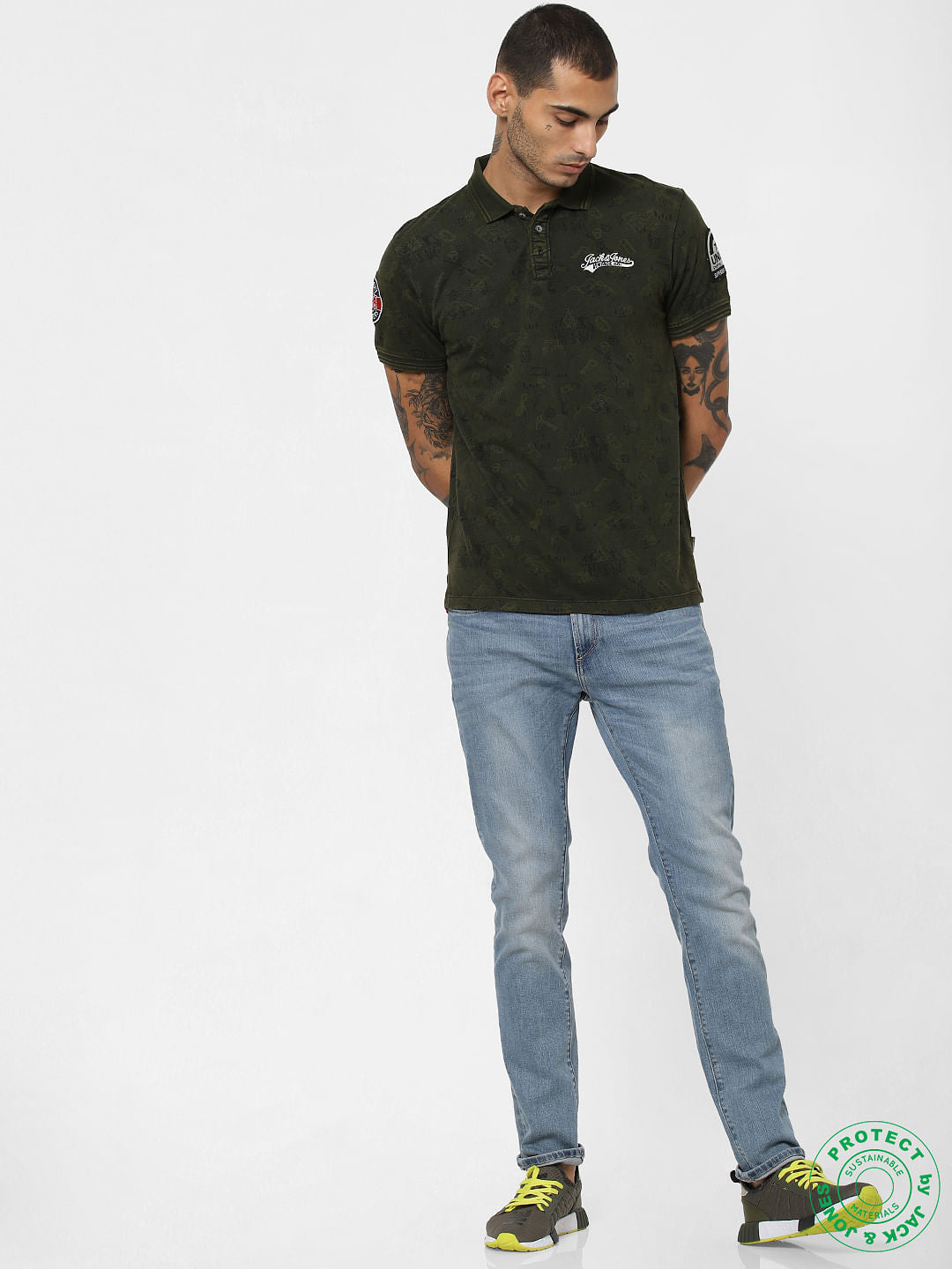 Green Printed Polo Neck T-shirt