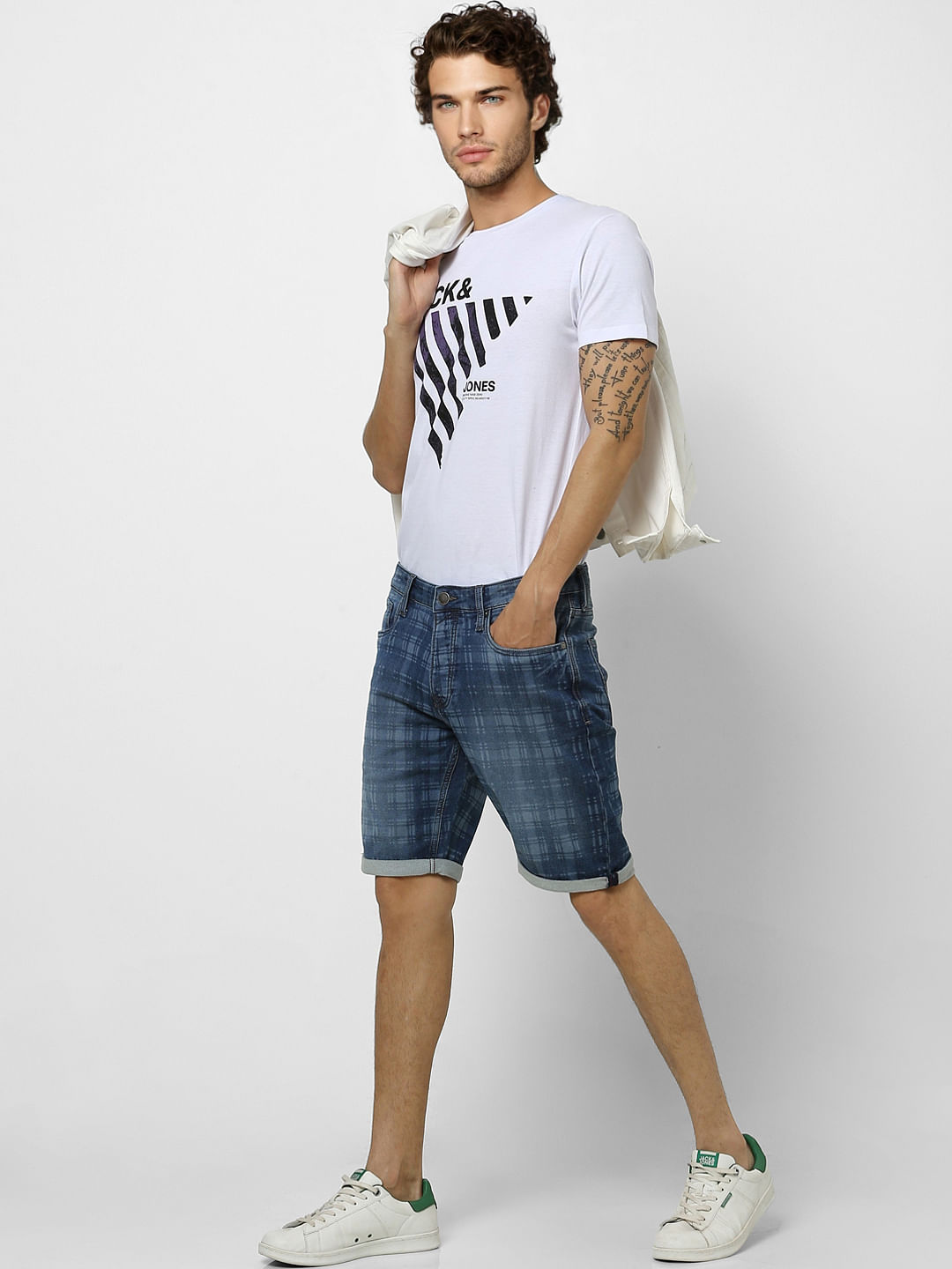 Blue Mid Rise Check Denim Shorts - S