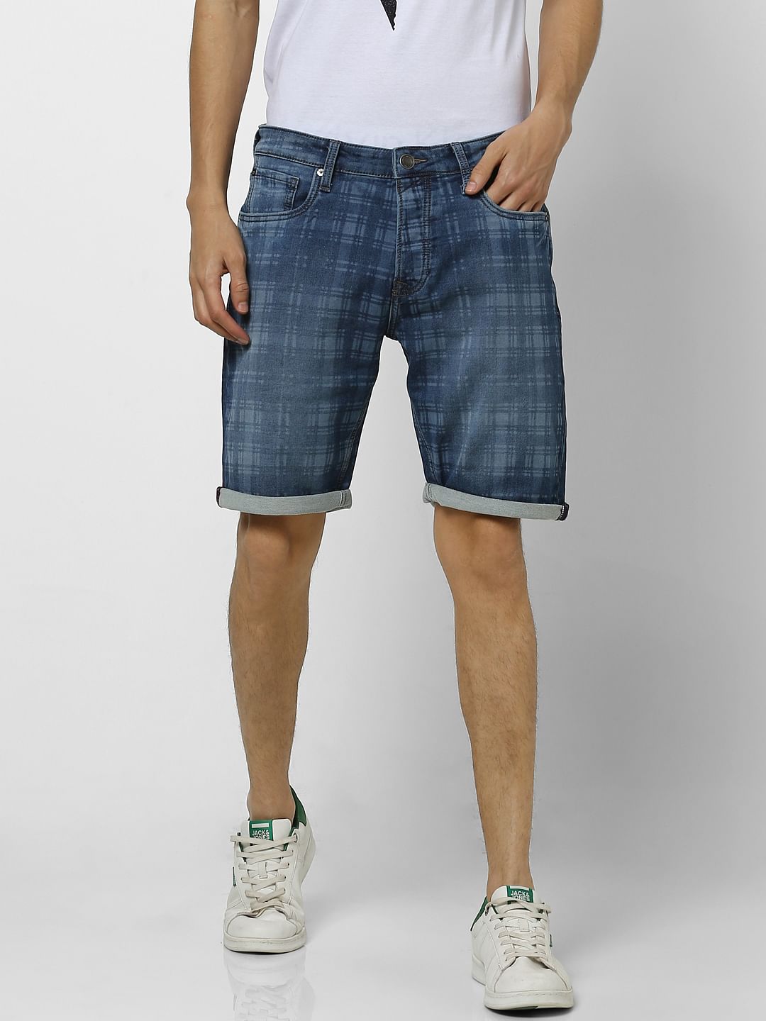 Blue Mid Rise Check Denim Shorts