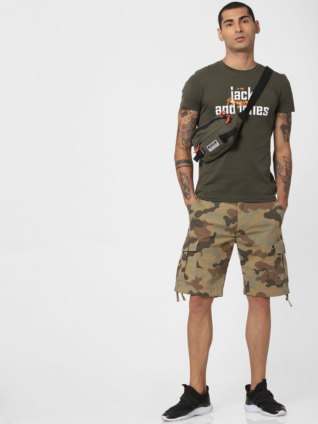Green Camo Print Cargo Shorts - S