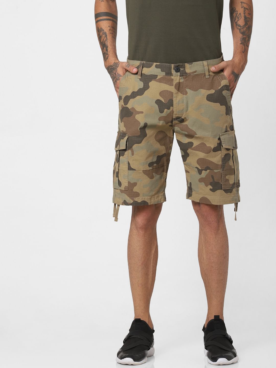 Green Camo Print Cargo Shorts