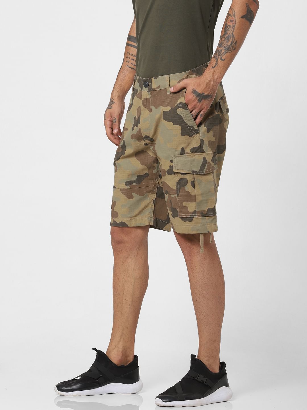 Green Camo Print Cargo Shorts