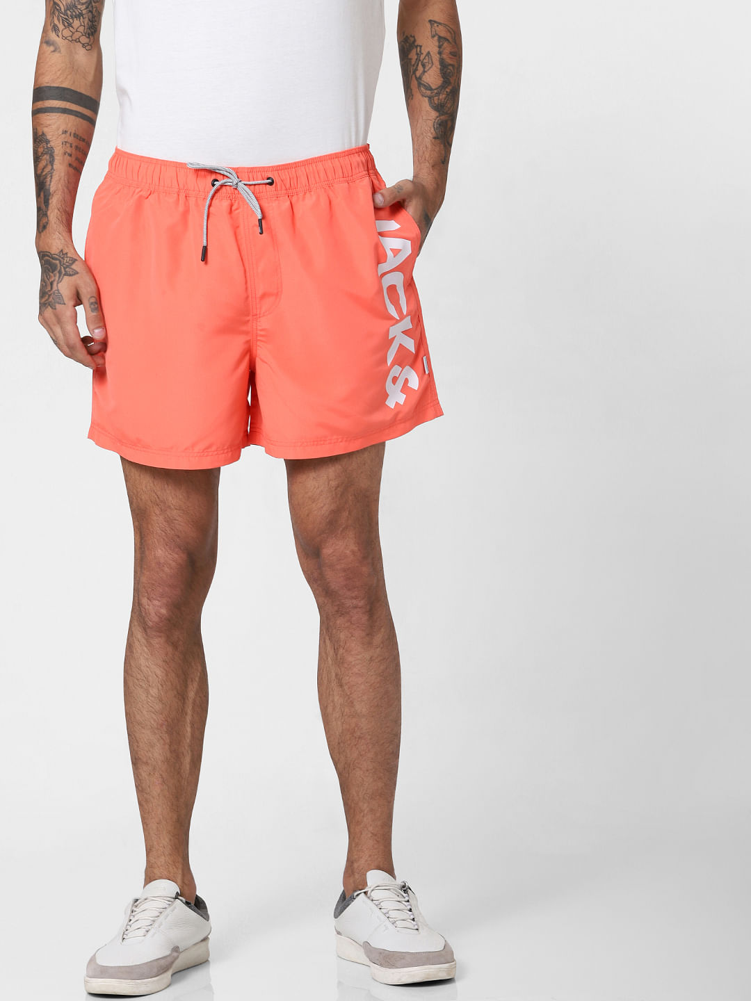 Coral Logo Print Drawstring Swimshorts