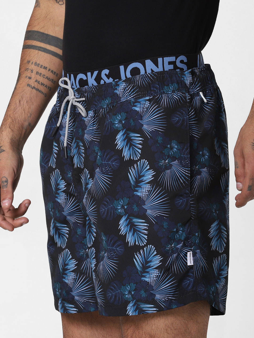 Black Floral Print Swimshorts