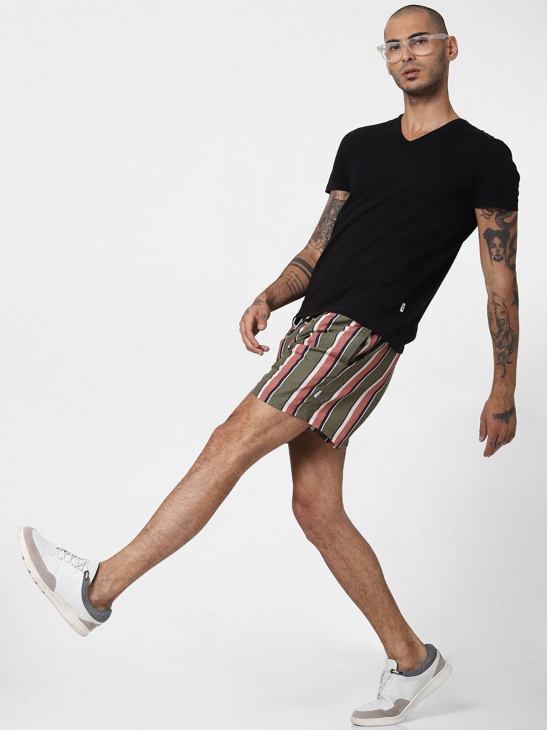 Green Striped Print Swimshorts - S