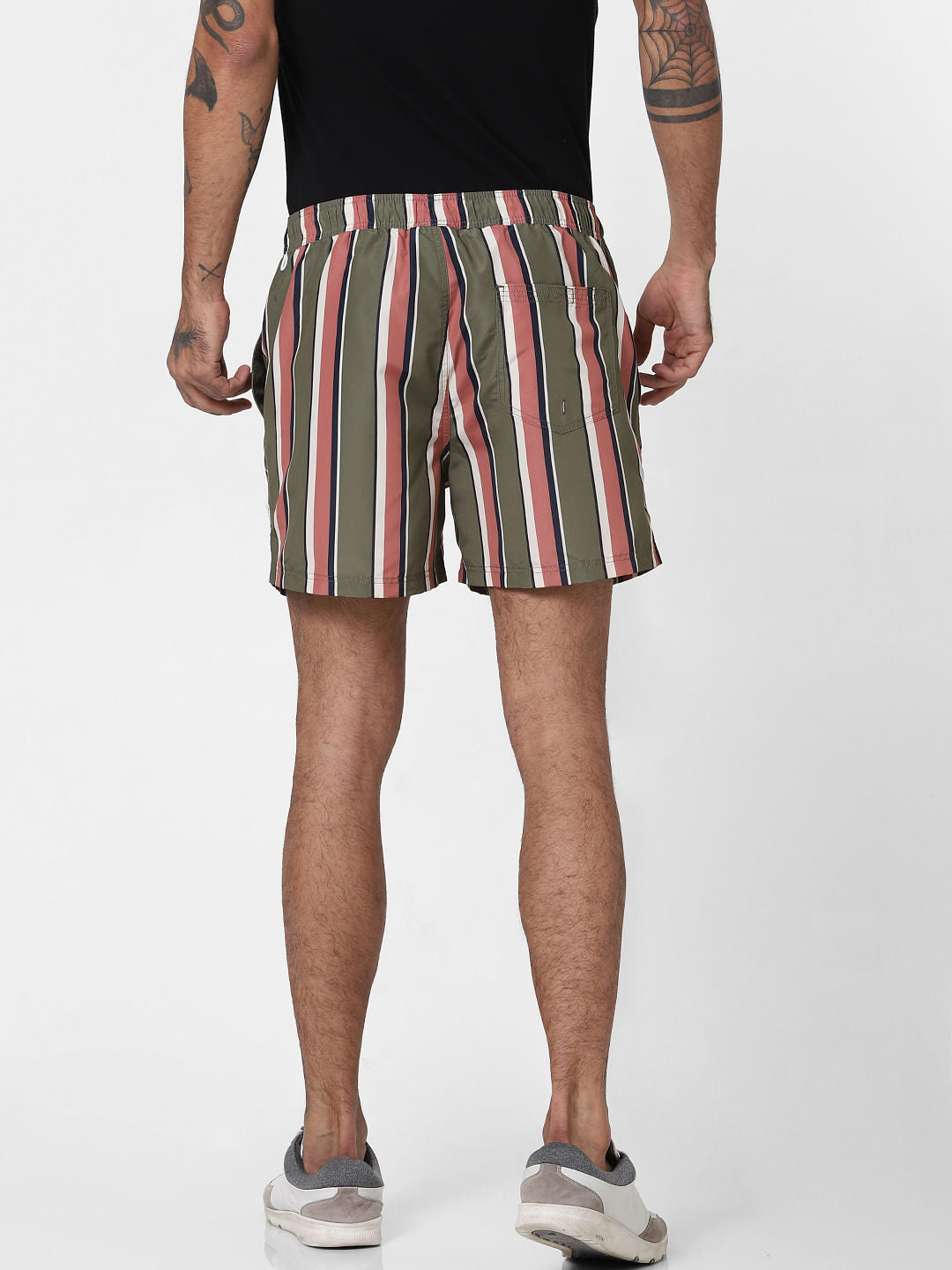 Green Striped Print Swimshorts