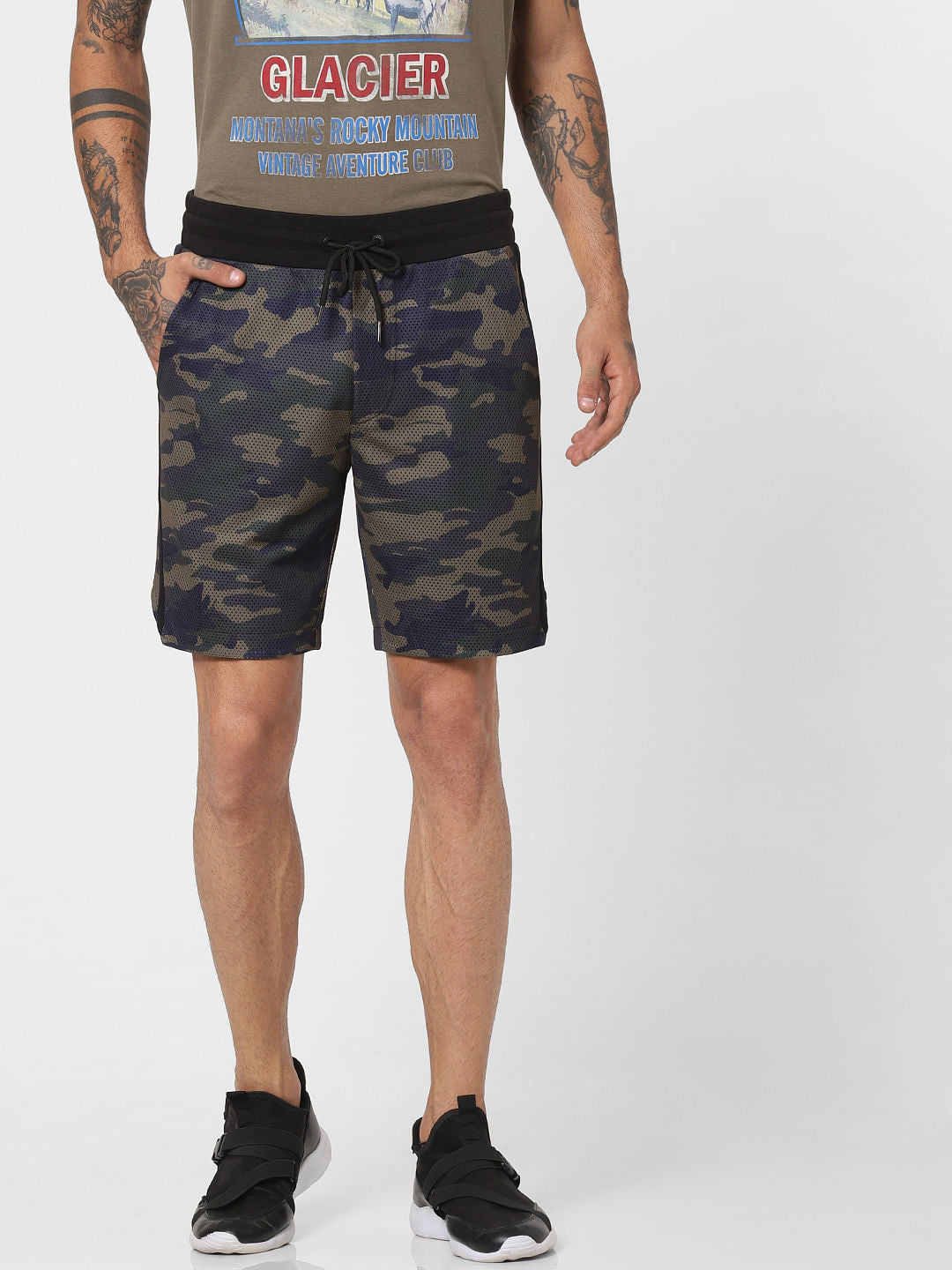 Green Mesh Camo Print Sweatshorts