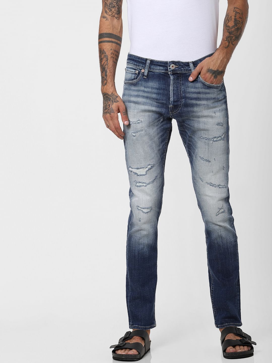 Blue Low Rise Ripped Glenn Slim Fit Jeans