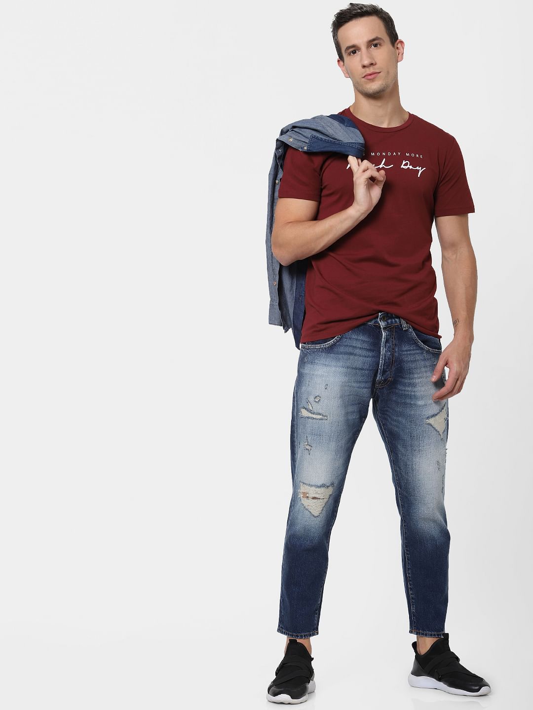 Blue Mid Rise Distressed Frank Anti-Fit Jeans