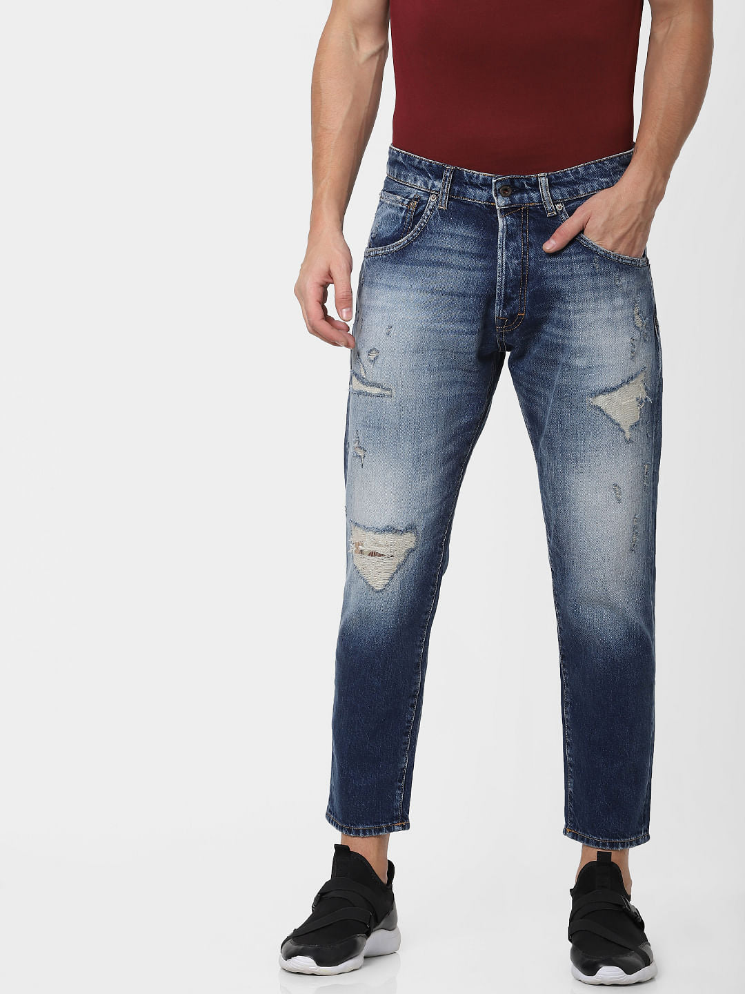 Blue Mid Rise Distressed Frank Anti-Fit Jeans