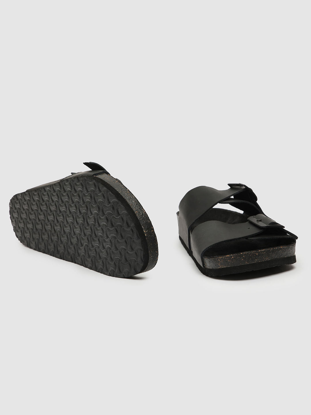 Black Leather Slip-On Sandals