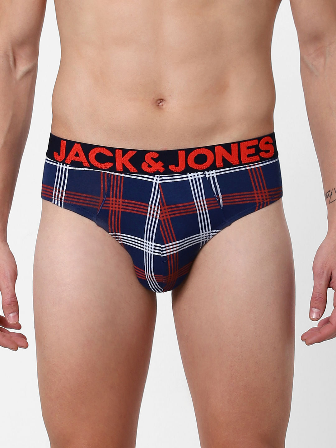 Dark Blue Check Print Briefs - S
