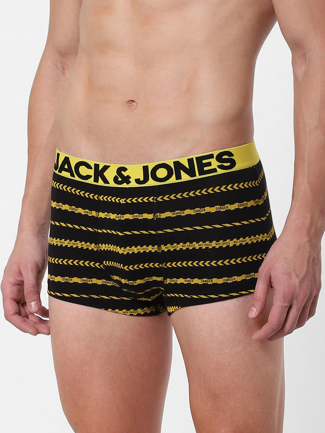 Black Caution Striped Brazilian Trunks