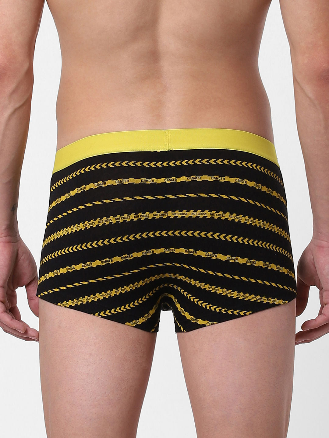 Black Caution Striped Brazilian Trunks