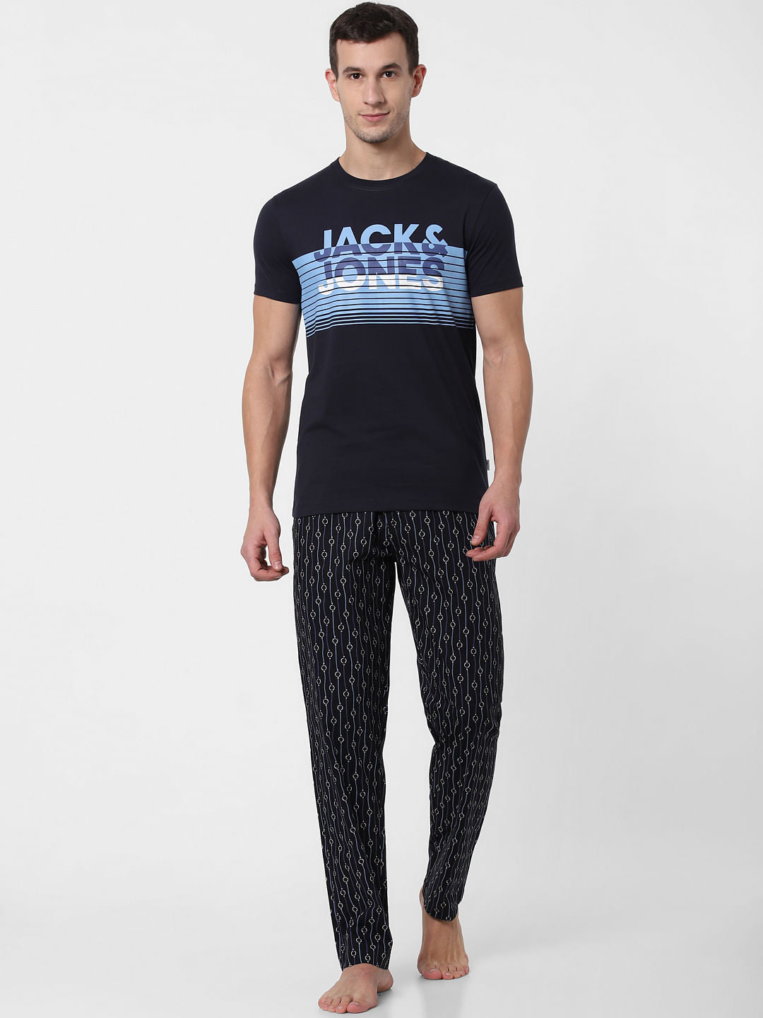 Navy Blue Logo Print Crew Neck T-shirt Online in India - Flat 10% Off - S