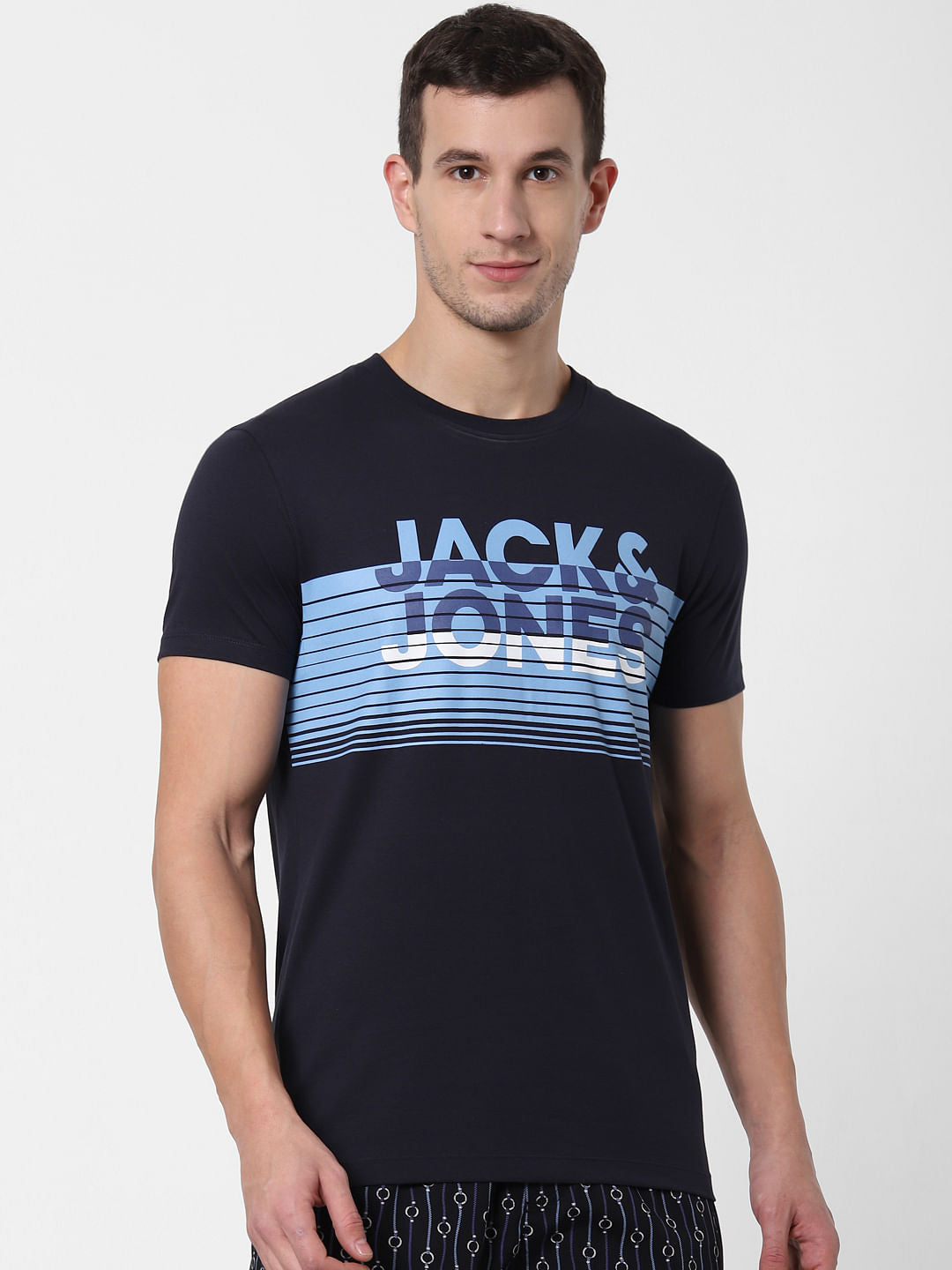 Navy Blue Logo Print Crew Neck T-shirt Online in India - Flat 10% Off