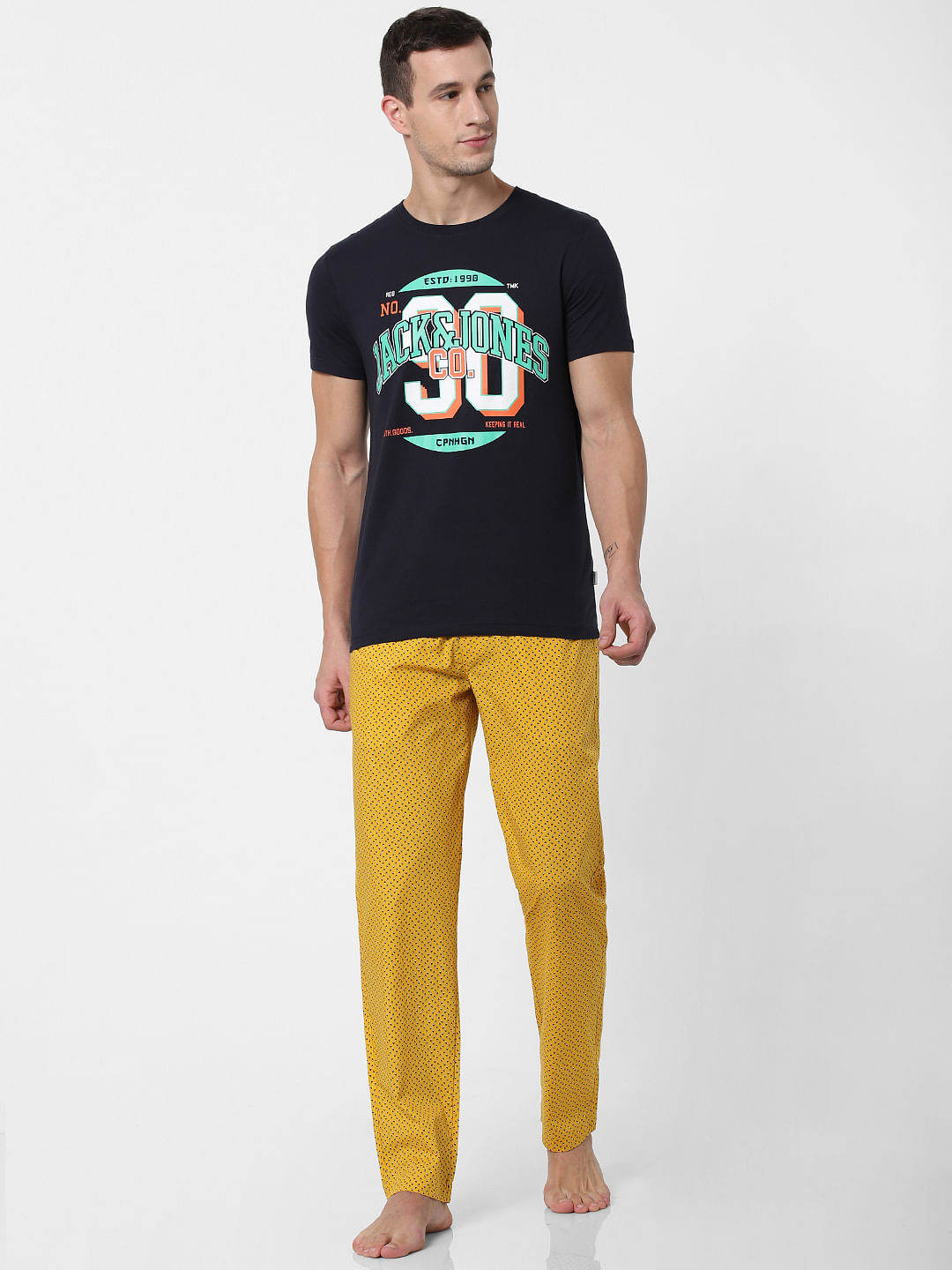 Navy Blue Logo Print Crew Neck T-shirts Online in India - Flat 10% Off - S