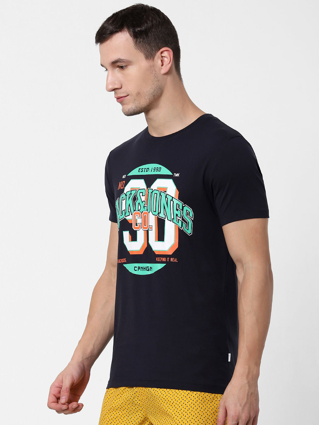 Navy Blue Logo Print Crew Neck T-shirts Online in India - Flat 10% Off