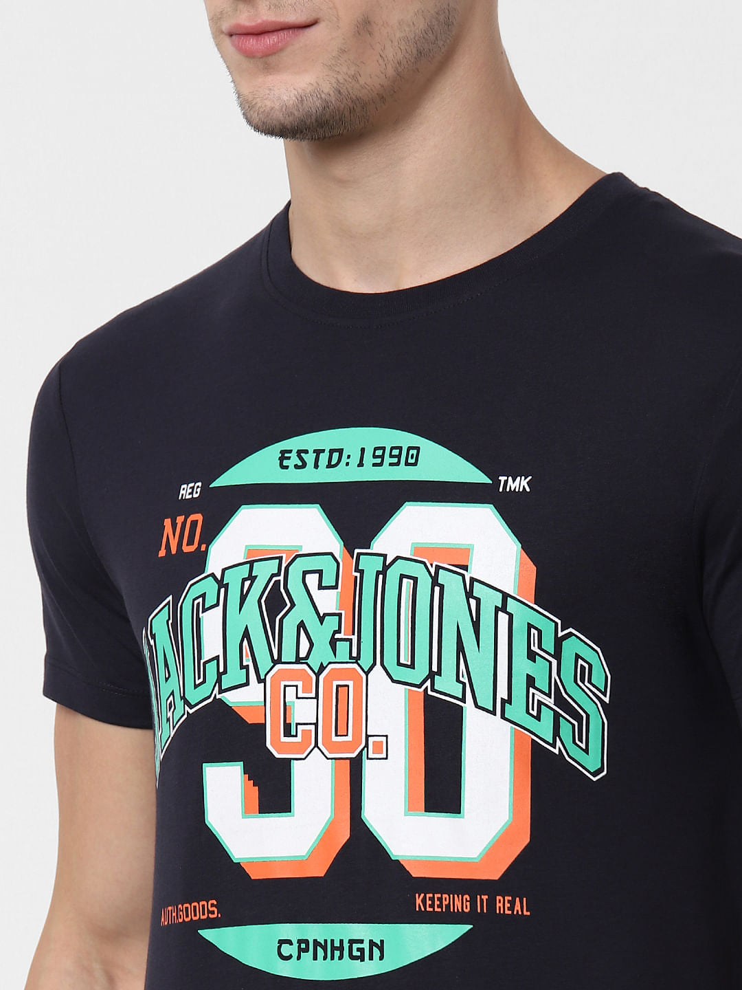 Navy Blue Logo Print Crew Neck T-shirts Online in India - Flat 10% Off