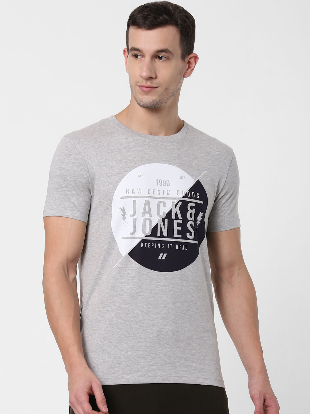 Grey Logo Print Crew Neck T-shirts